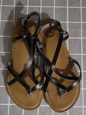 SO Black Strappy Sandals with Tan Footbed